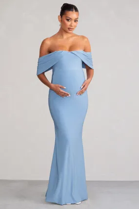 Asha | Robe longue de maternité drapée bardot colour bleu poudré