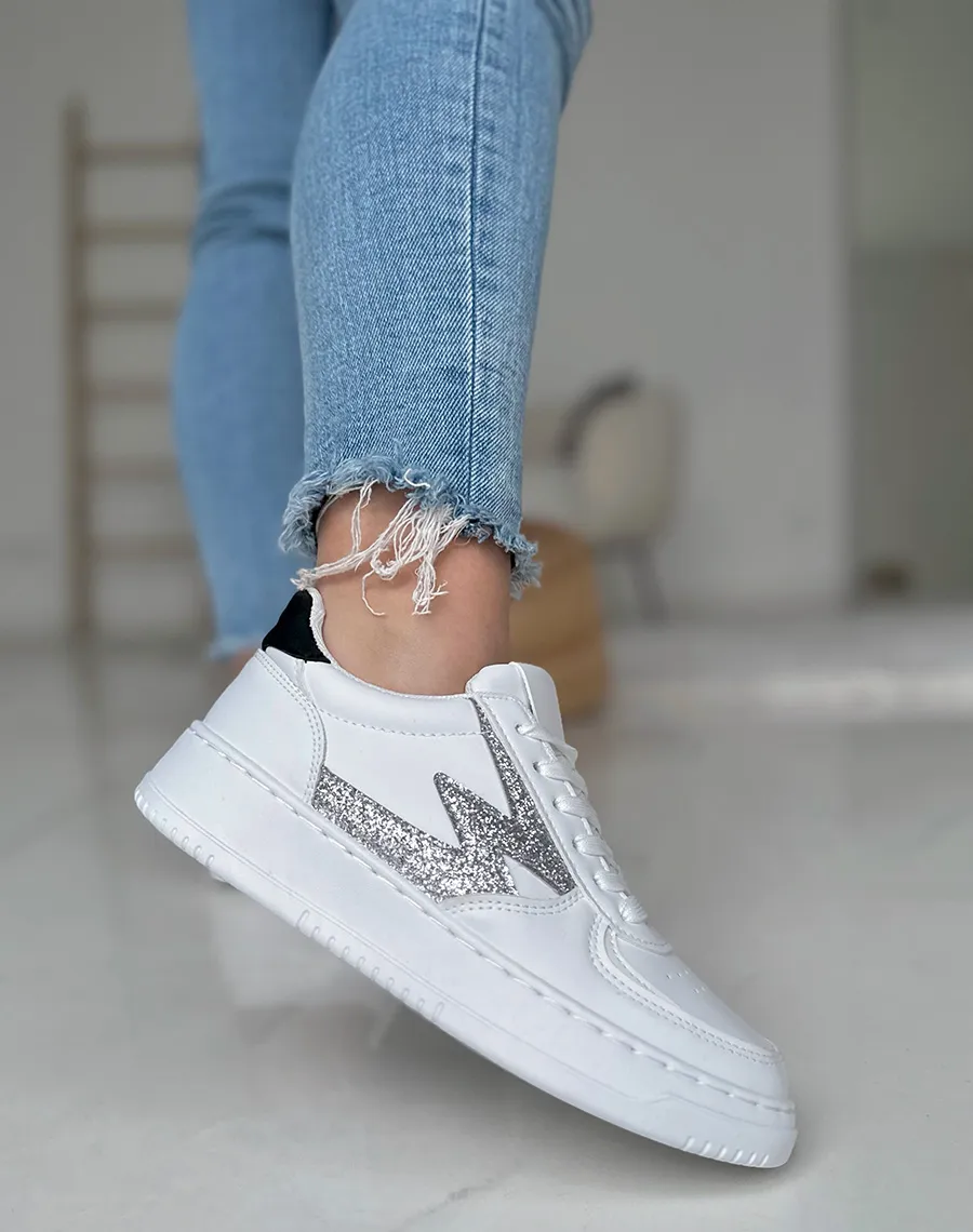 White Shoes with Silver Sequin Details and Black Panel