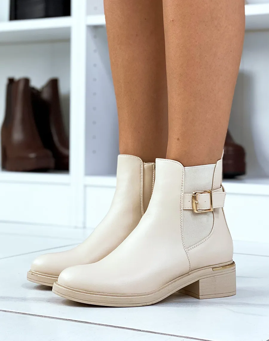 Beige Boots with Adjustable Strap and Gold Detail Heel