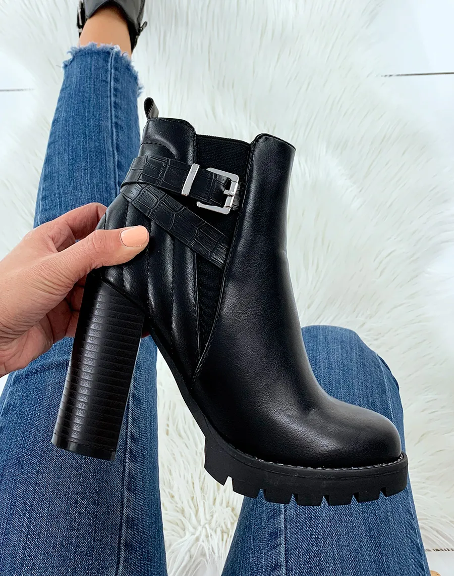 Black strap heeled ankle boots