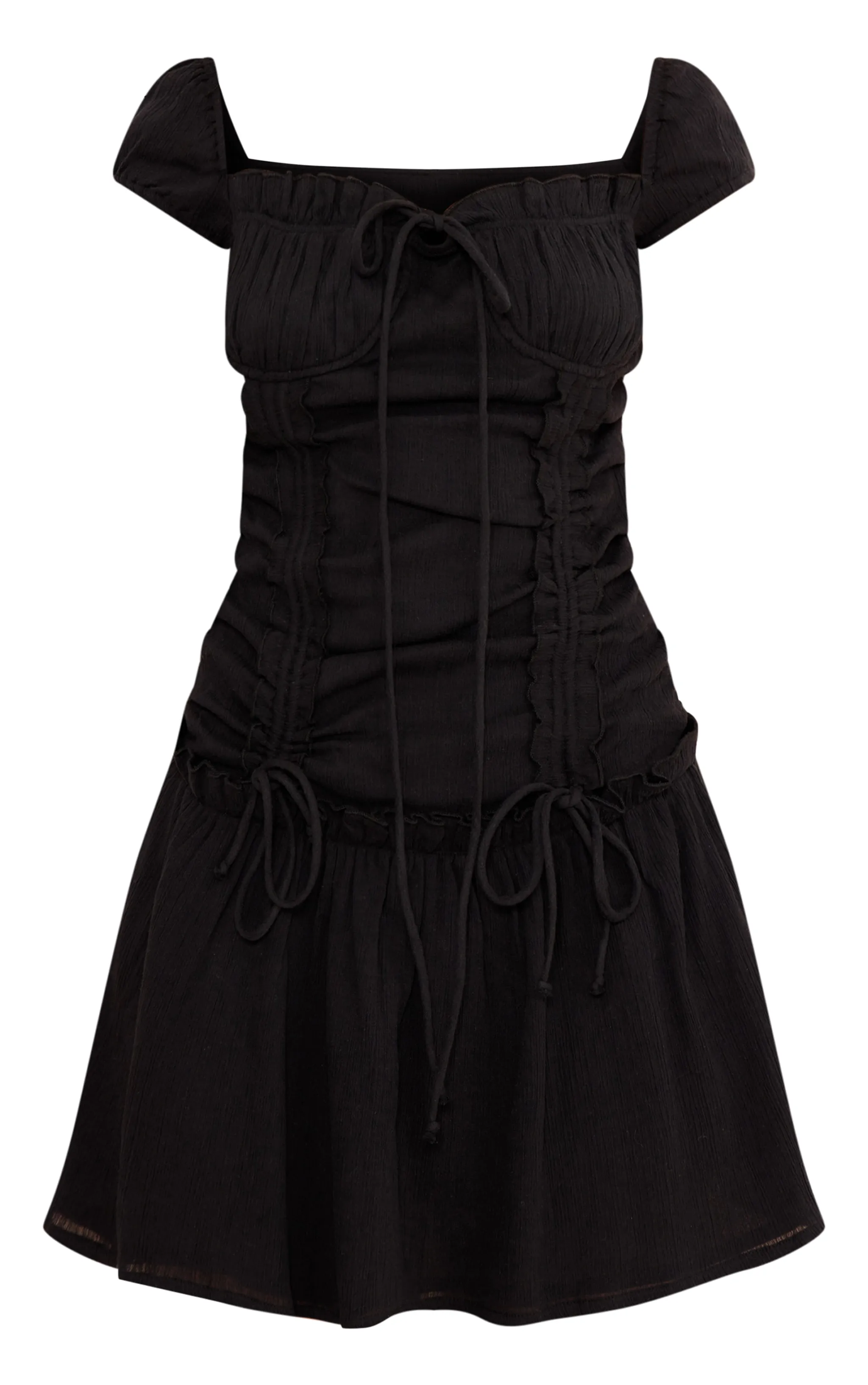 Black textured ruched bodycon dress with puff sleeves.