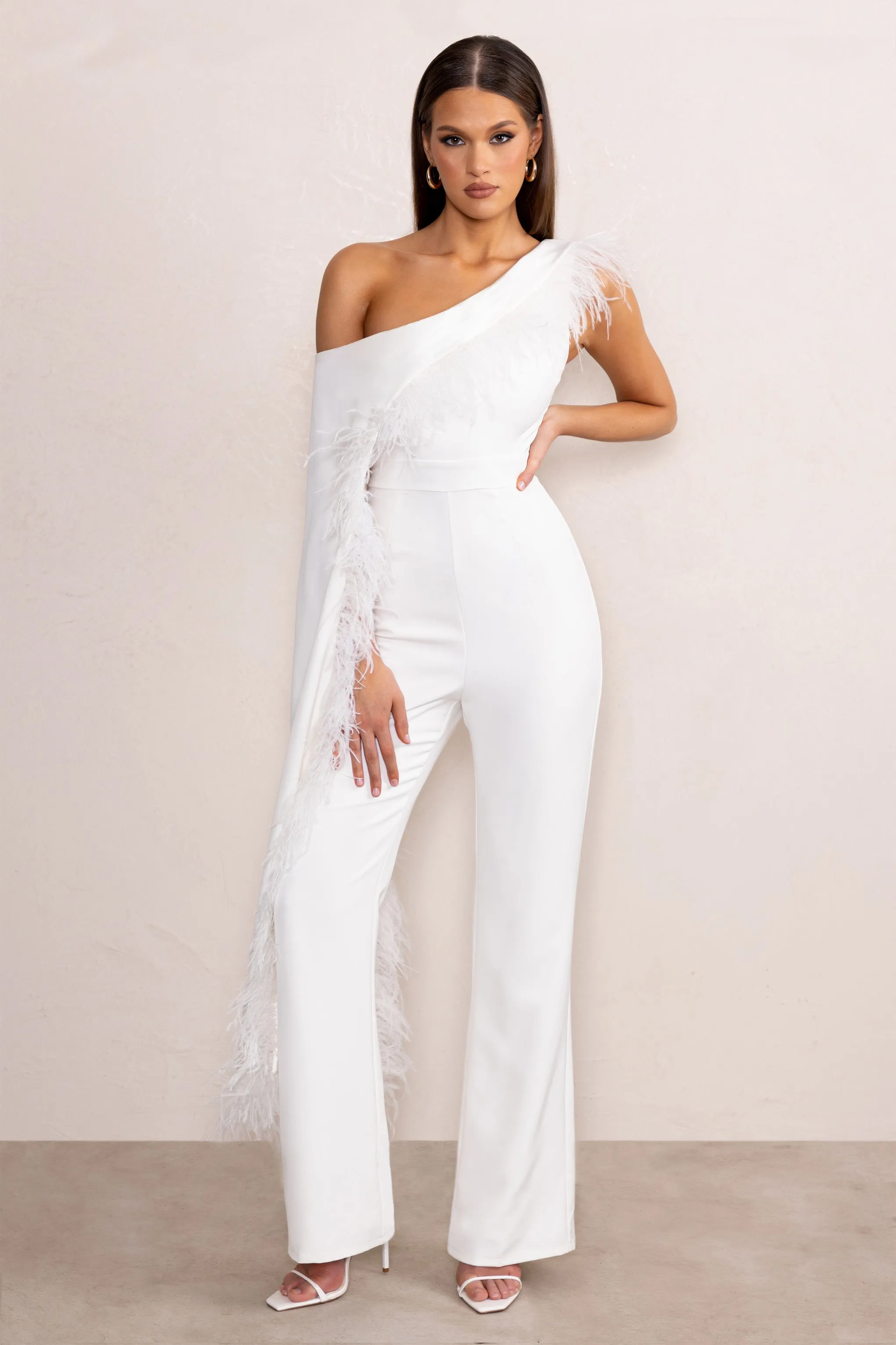 Cindy | White one-shoulder cape jumpsuit with feather trim