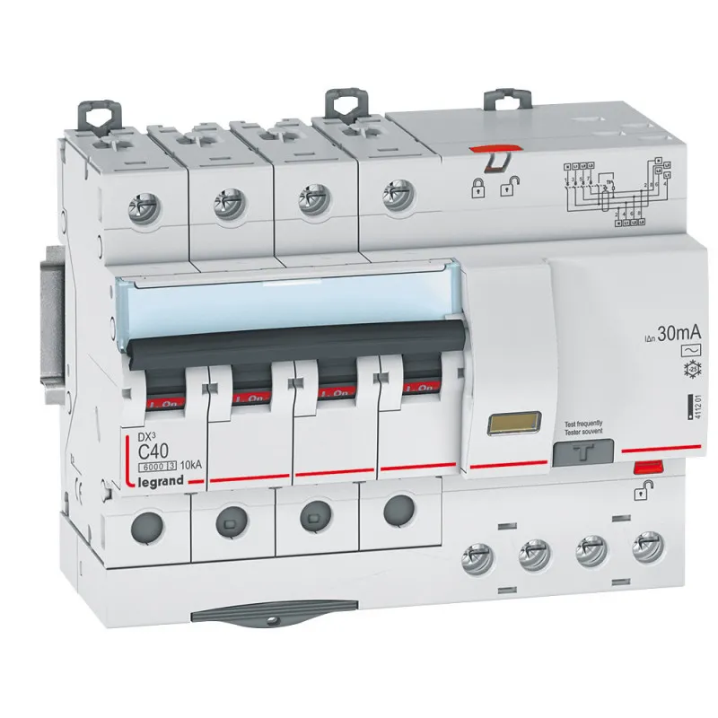 Disjoncteur différentiel monobloc DX6000 10kA arrivée haute vis départ haut automatique 4P 400V~ 40A typeAC 30mA (411201)