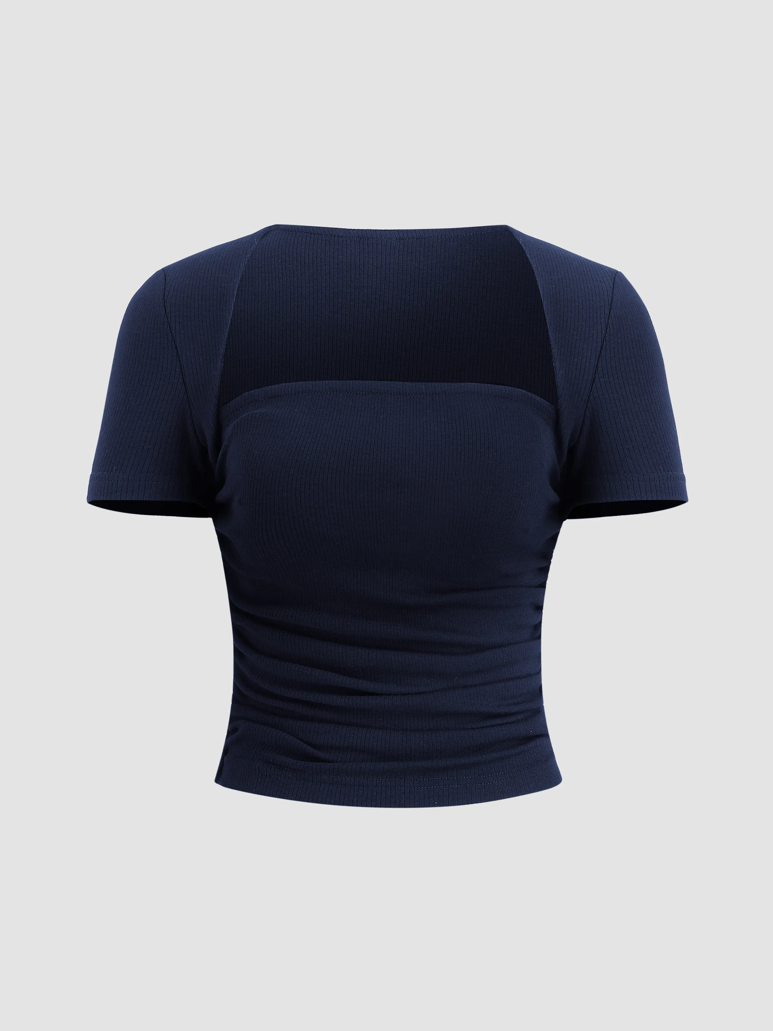 Square Neck Ribbed Short Sleeve Ruched Solid Top