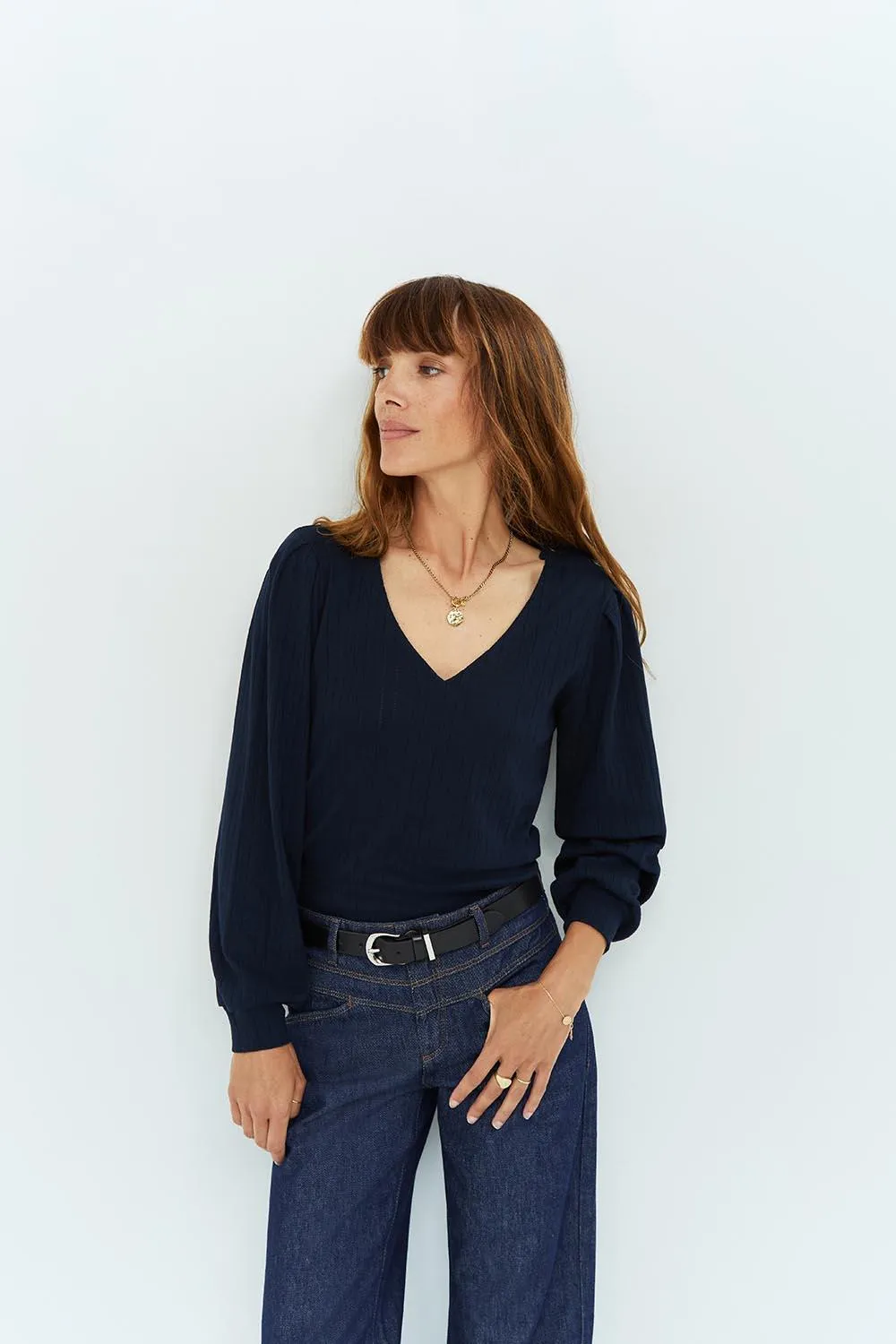 MUTIE - Organic cotton pointelle knit marine T-shirt with puff sleeves
