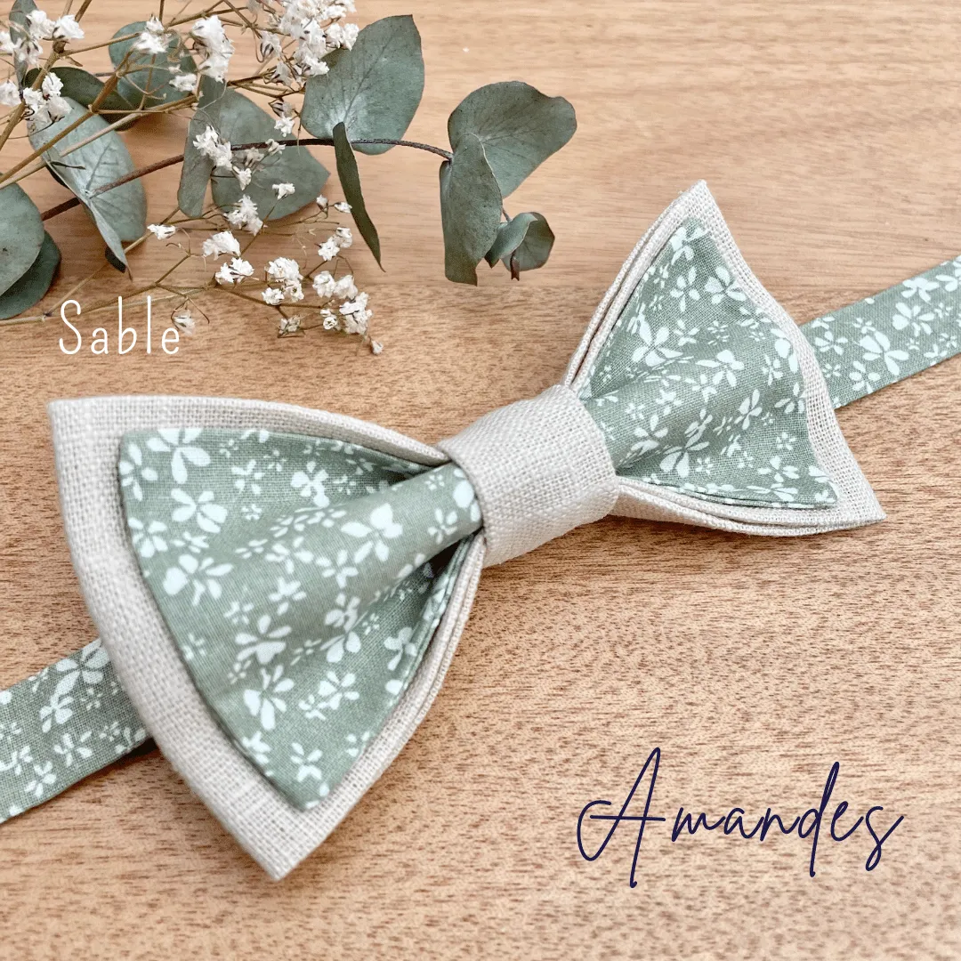 Noeud papillon petites fleurs vert sauge « Amandes » couleur sable