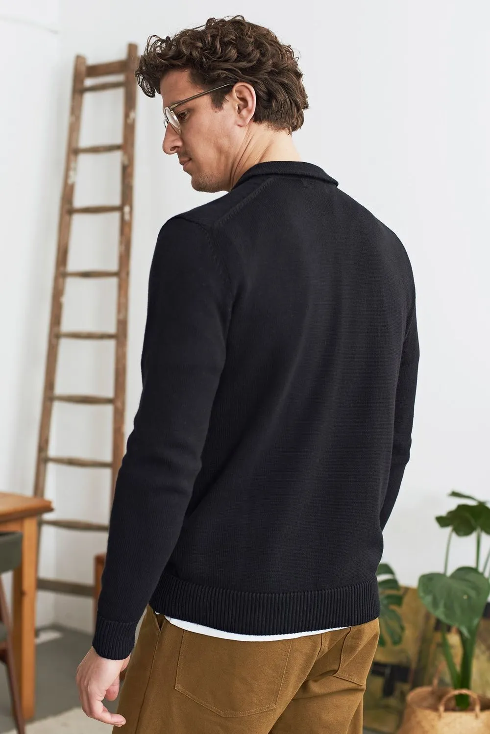 Pull col polo en coton bio | noir "kaspar longsleeve polo - eco black" homme