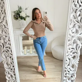 PULL COTELÉ ZIP TAUPE