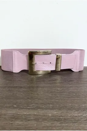 Purple belt with silver buckle and elastic waistband.