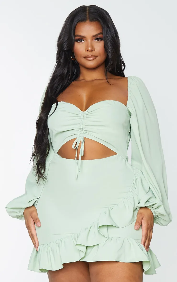 Sage Green Puff Sleeve Dress with Cutouts