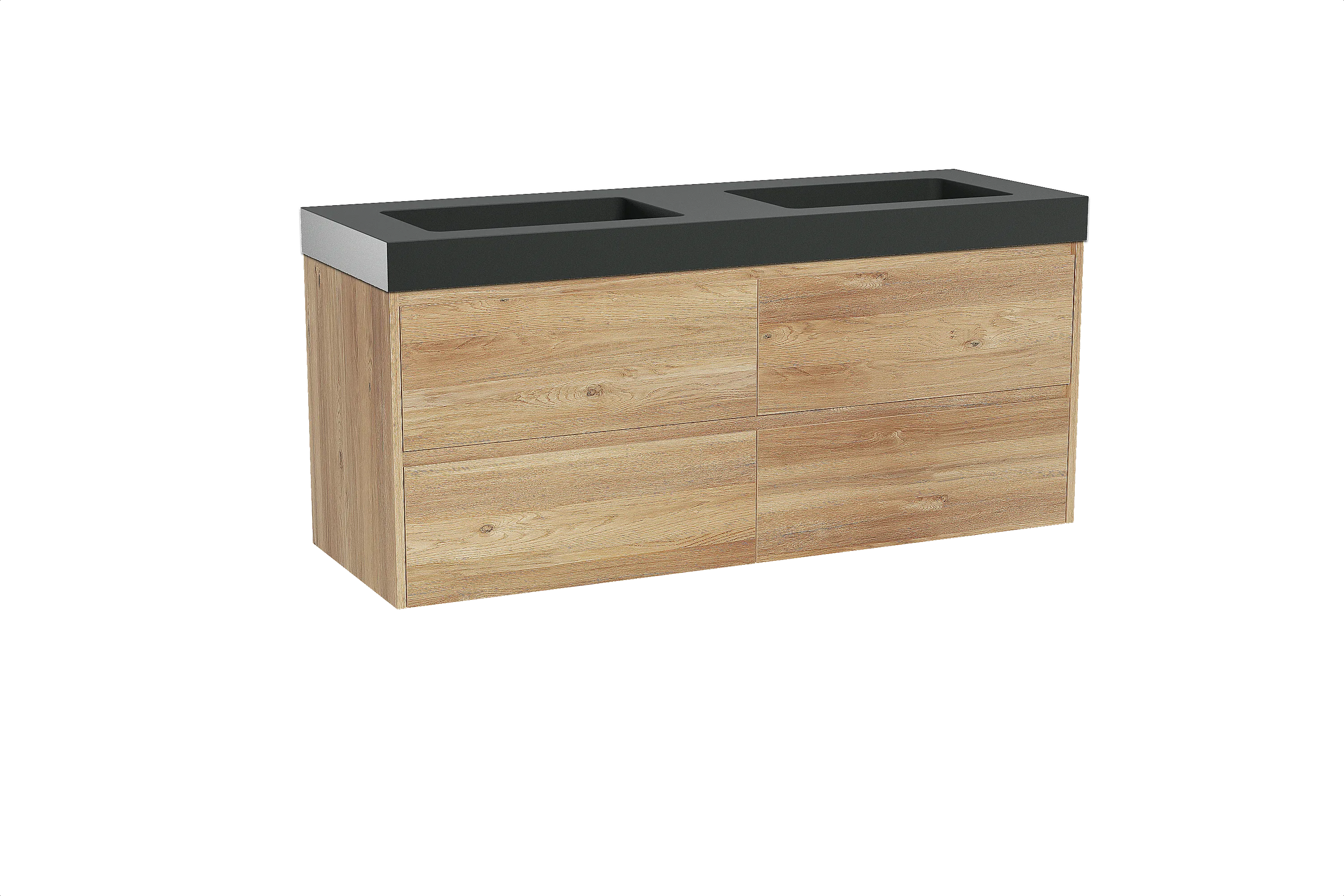 Storke Seda meuble salle de bains suspendu 150 x 52 cm chêne brut avec Scuro High double vasque en quartz noir mat