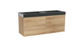 Storke Seda meuble salle de bains suspendu 150 x 52 cm chêne brut avec Scuro High double vasque en quartz noir mat