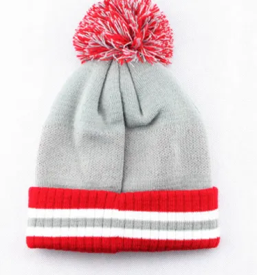 Striped Black Red Gray Pom Pom Beanie Hat