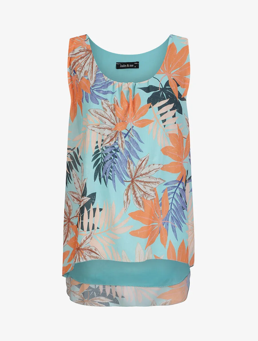 Sleeveless Autumn Leaf Print Flared Top - Water Green
