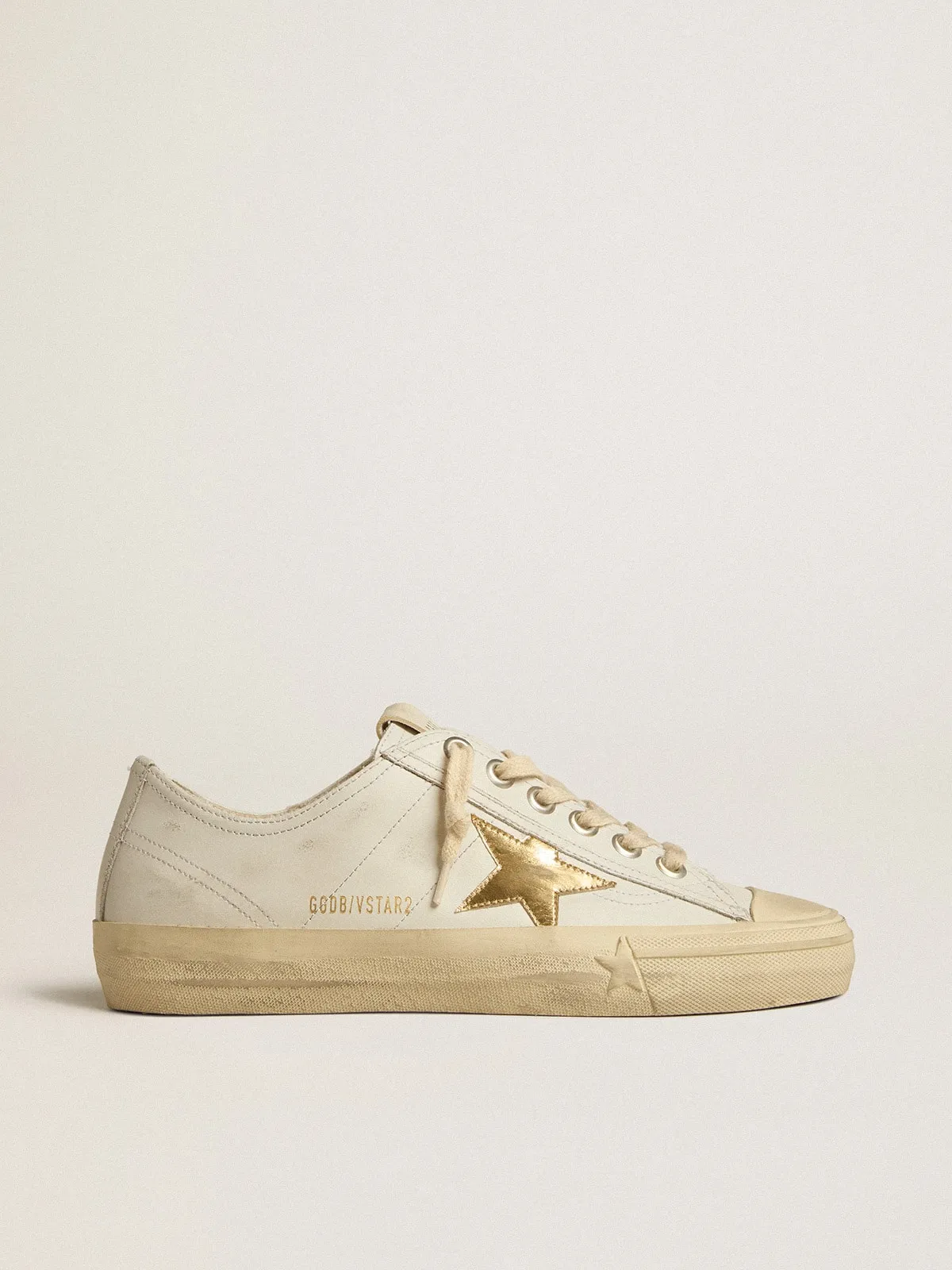 Golden Goose V-Star Leather Sneakers in White with Gold Lamé Star