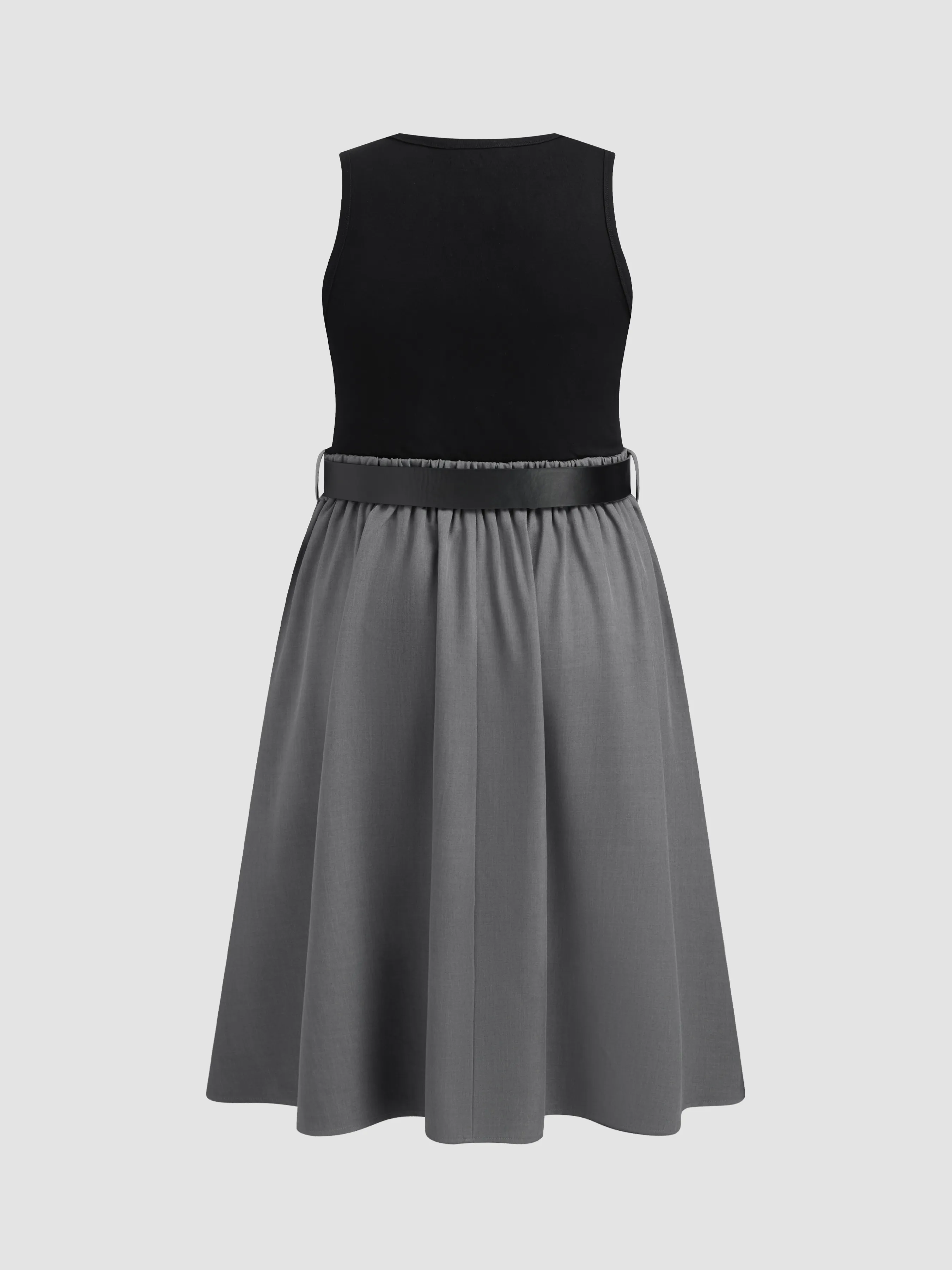 Woven Round Neck Dual Color Belted Midi Dress for Curve & Plus Size